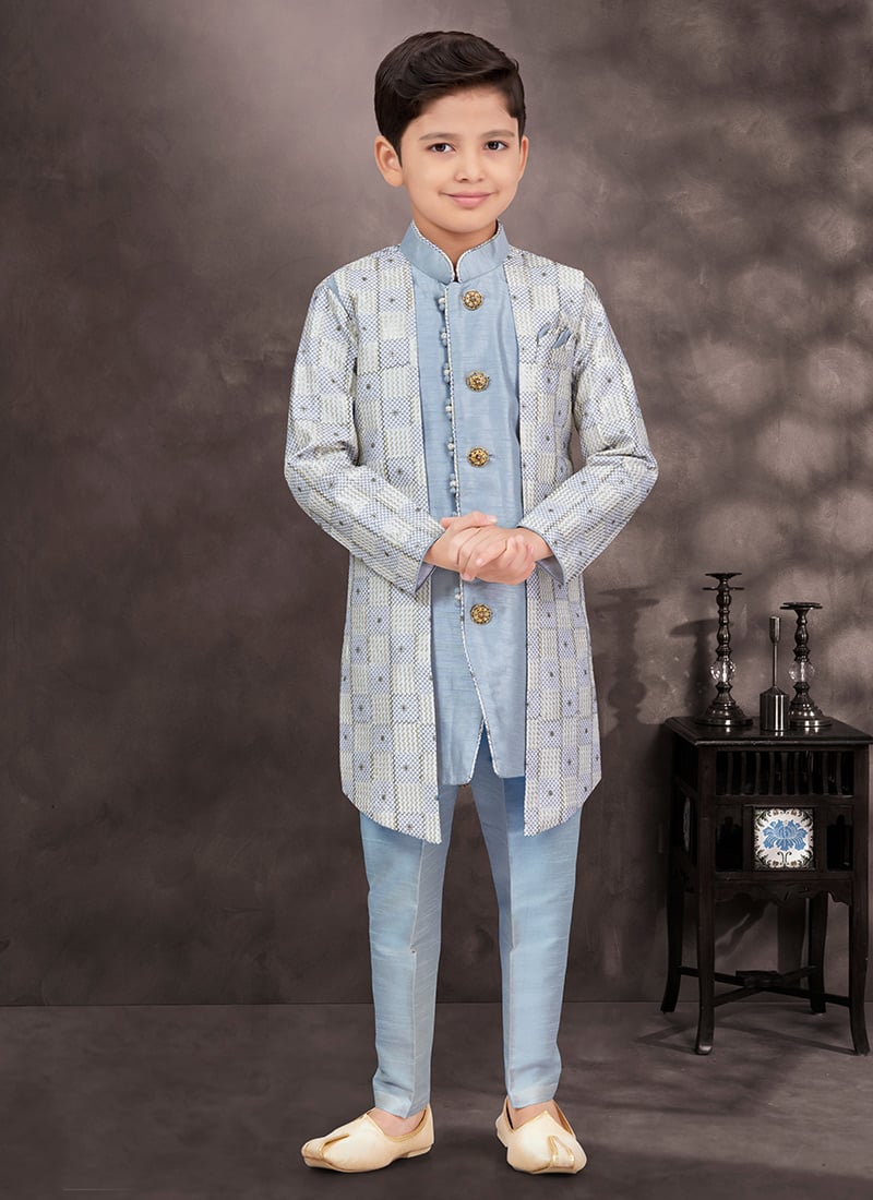 Grey Jacquard Banarasi Silk Zari Sequins Kids Boys Indowestern Sherwani Wedding Wear