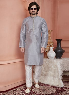 Grey Jacquard Banarasi Silk Zari Work Kurta Pyjama For Men