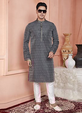 Grey Jacquard Banarasi Silk Zari Work Kurta Pyjama For Men