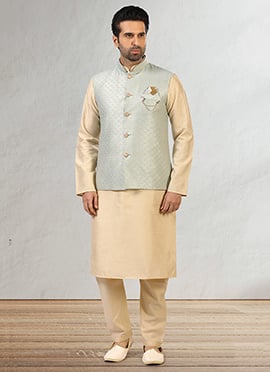 Grey Jacquard Benarasi Silk Bandi Set