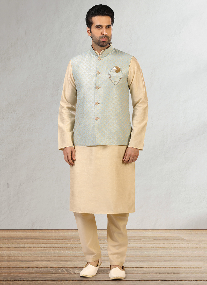 Grey Jacquard Benarasi Silk Bandi Set