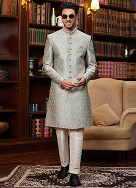 Grey Jacquard Silk Beads Sequins Hand Work Indowestern Sherwani