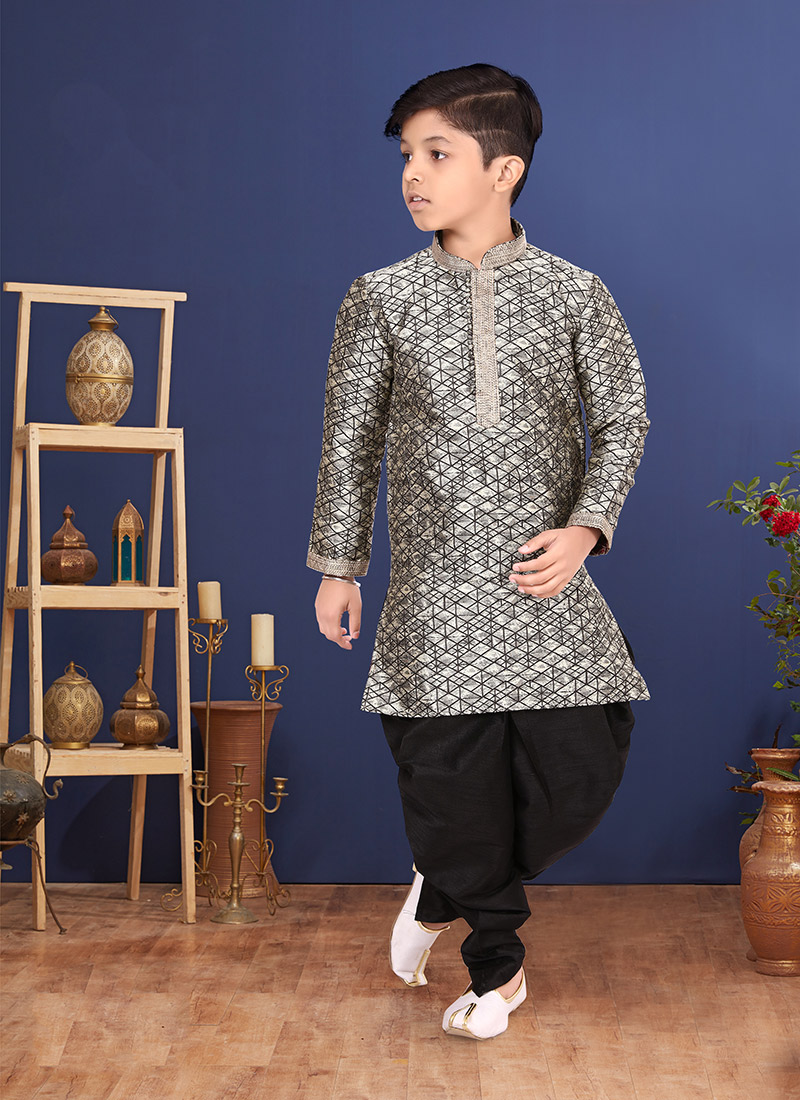 Grey Jacquard Silk Boys Kurta Pyjama