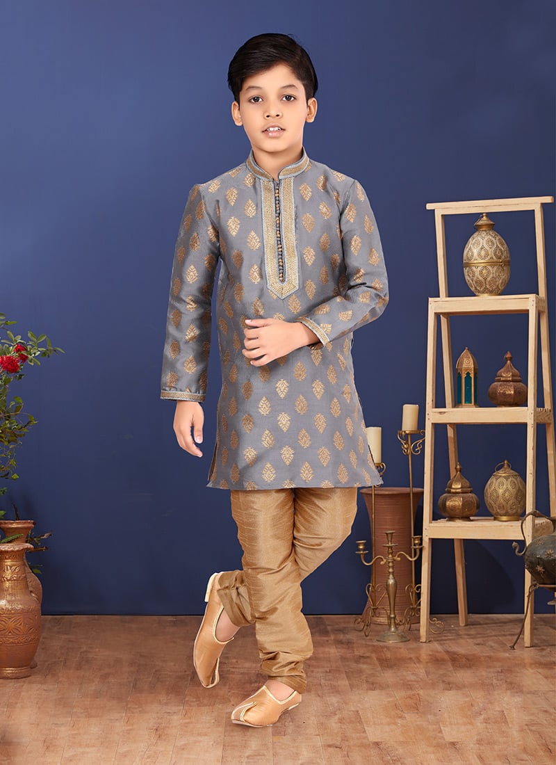 Grey Jacquard Silk Boys Kurta Pyjama