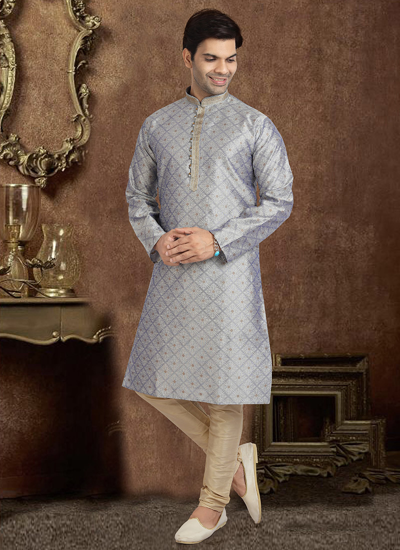 Grey Jacquard Silk Brocade Kurta Pyjama Party Wear