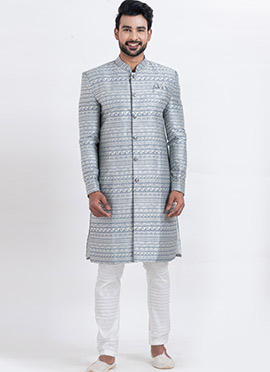 Grey Jacquard Silk Classic Sherwani