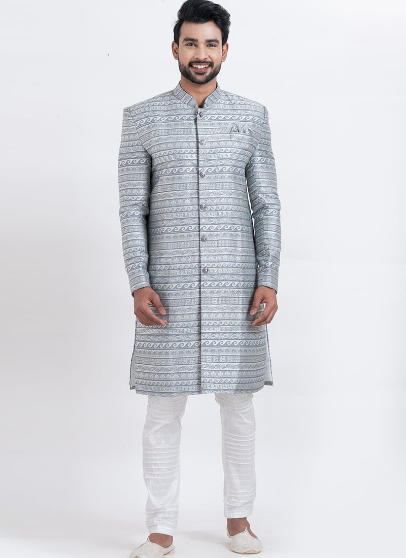 Grey Jacquard Silk Classic Sherwani Wedding Wear