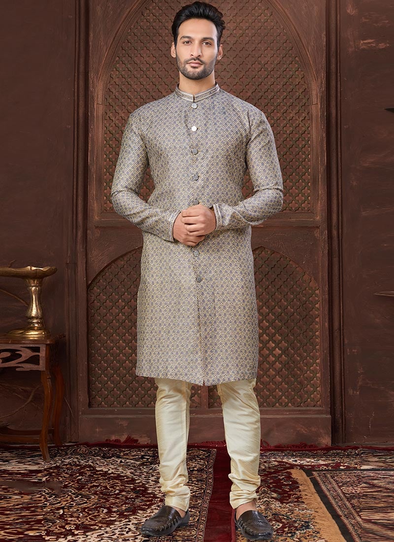 Grey Jacquard Silk Embroidered Kurta Pyjama  Festive Wear