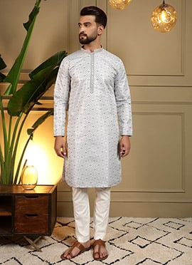Grey Jacquard Silk Embroidered Sequins Kurta Pyjama