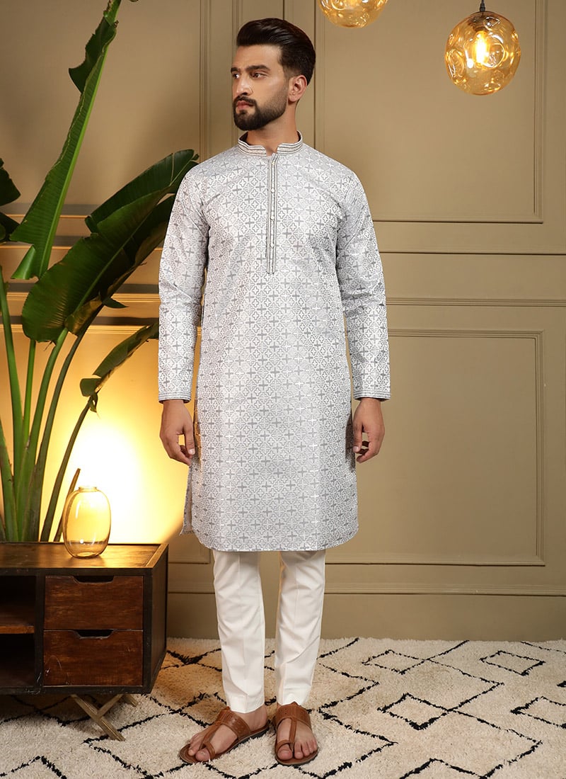 Grey Jacquard Silk Embroidered Sequins Kurta Pyjama Festive Wear