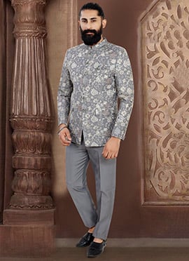 Grey Jacquard Silk Embroidered Sequins Two Piece Suit