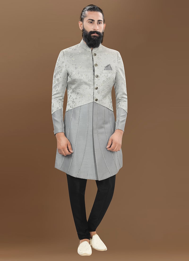 Grey Jacquard Silk Indowestern Sherwani Wedding Wear
