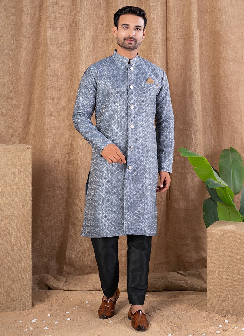 Grey Jacquard Silk Indowestern Sherwani Festive Wear