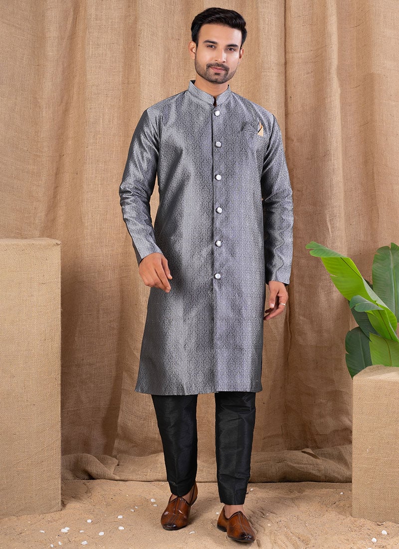 Grey Jacquard Silk Indowestern Sherwani Festive Wear