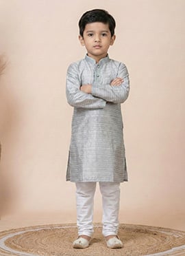 Grey Jacquard Silk Kids Boys Kurta Pyjama