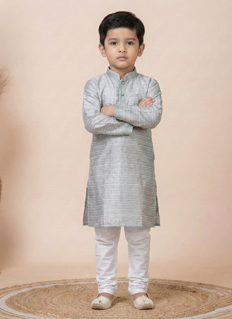 Grey Jacquard Silk Kids Boys Kurta Pyjama  Festive Wear
