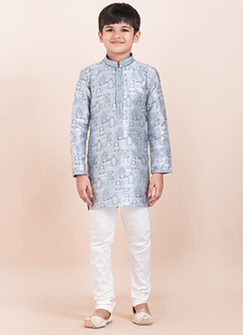 Grey Jacquard Silk Kids Boys Kurta Pyjama