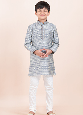 Grey Jacquard Silk Kids Boys Kurta Pyjama