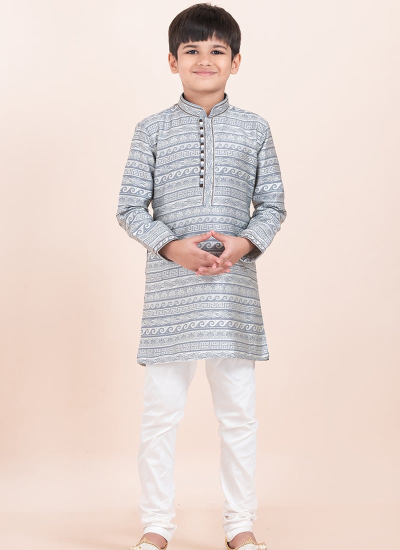 Grey Jacquard Silk Kids Boys Kurta Pyjama Festive Wear