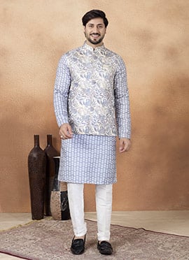 Grey Jacquard Silk Nehru Jacket For Men