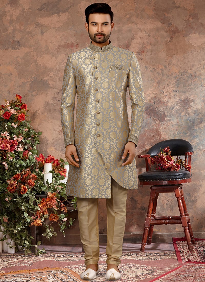 Grey Jacquard Silk Zari Work Indowestern Sherwani
