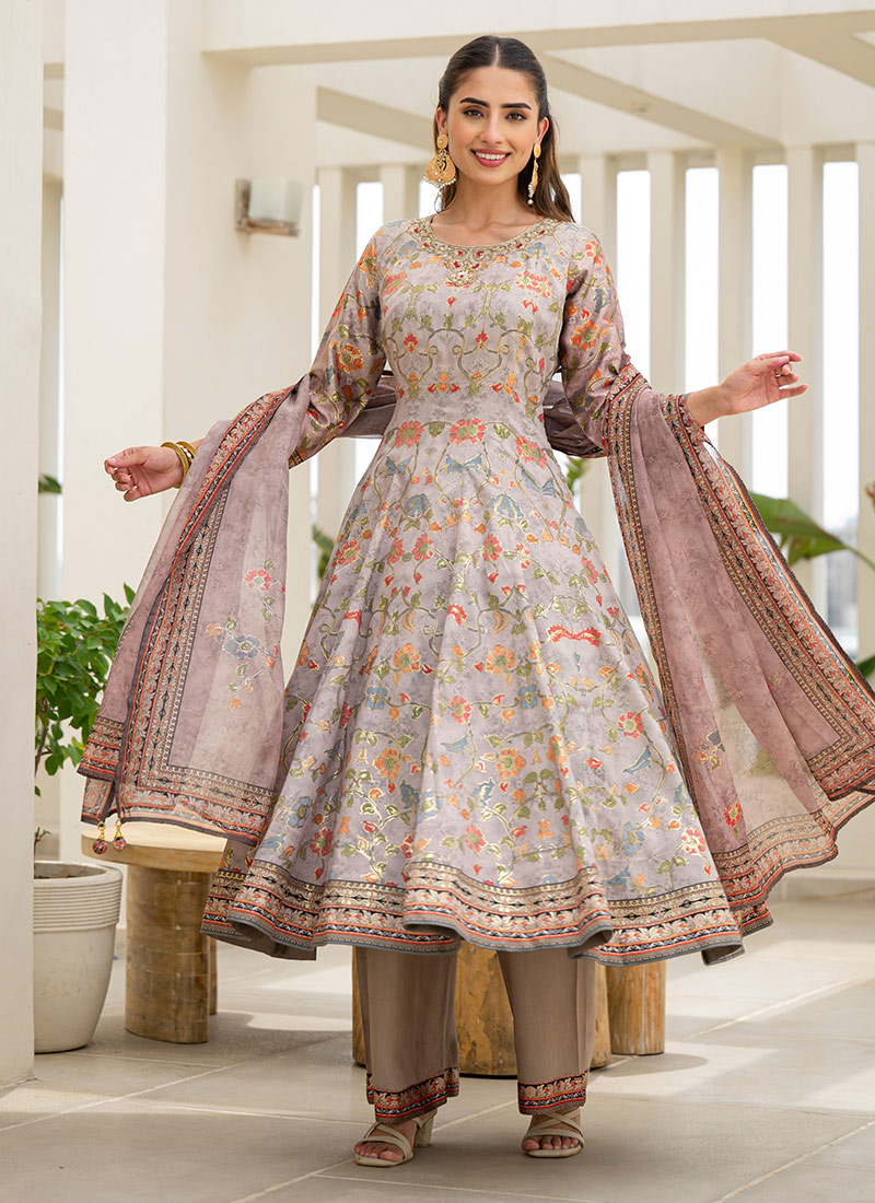 Grey Jam Silk Digital Foil Print Anarkali Suit Festive Wear