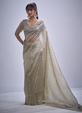 Grey Kanjivaram Silk Hand Embroidered Sequins With Cutdan And Tikki Work Saree