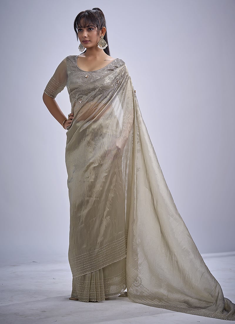 Grey Kanjivaram Silk Hand Embroidered Sequins With Cutdan And Tikki Work Saree After Six Wear