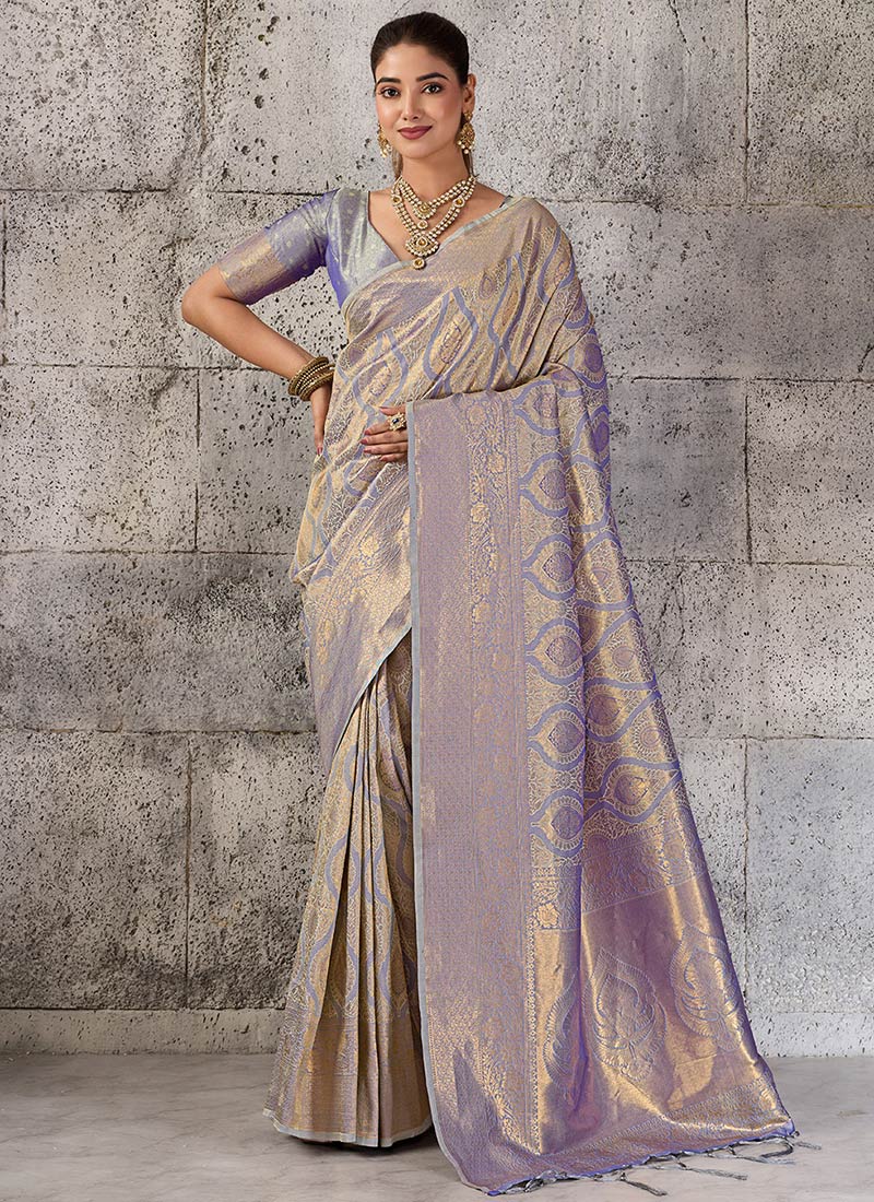 Grey Kanjivaram Silk Zari Jauquard Woven Saree Festive Wear