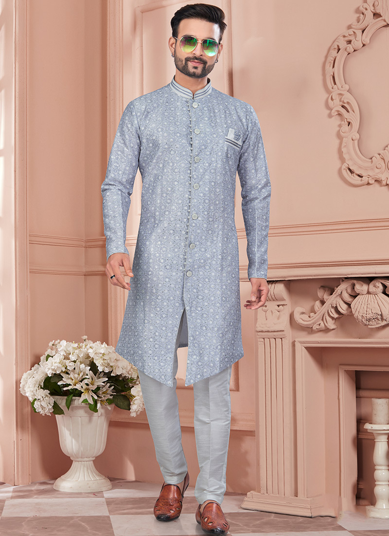 Grey Kora Shine Silk Printed Embroidered Sequins Indowestern Sherwani Festive Wear