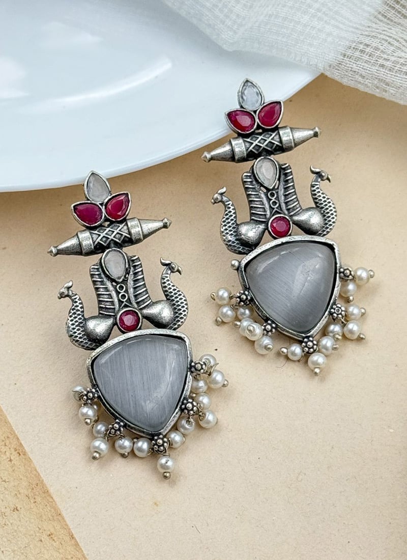 Grey Kundan Motif Statement Dangler Earrings Festive Wear