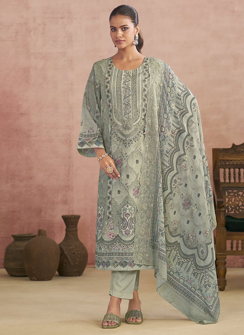 Grey Lawn Cotton Digital Print Straight Pant Suit After Six Wear