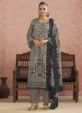 Grey Lawn Cotton Digital Print Straight Pant Suit
