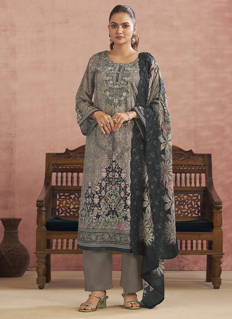 Grey Lawn Cotton Digital Print Straight Pant Suit After Six Wear