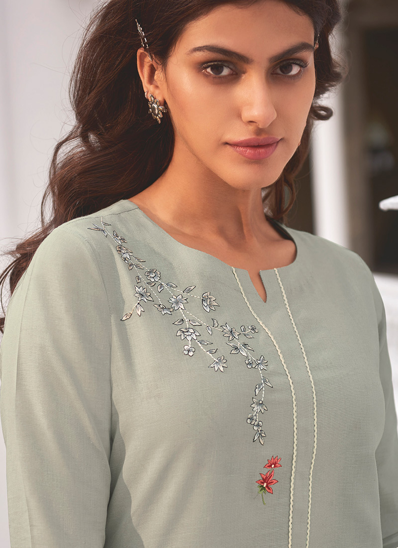 Buy Grey Linen Cotton Kurta Straight Pant Set, Printed, kurta straight pant set Online Shopping 