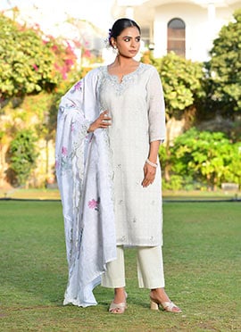 Grey Linen Embroidered Straight Pant Suit With Digital Print Dupatta