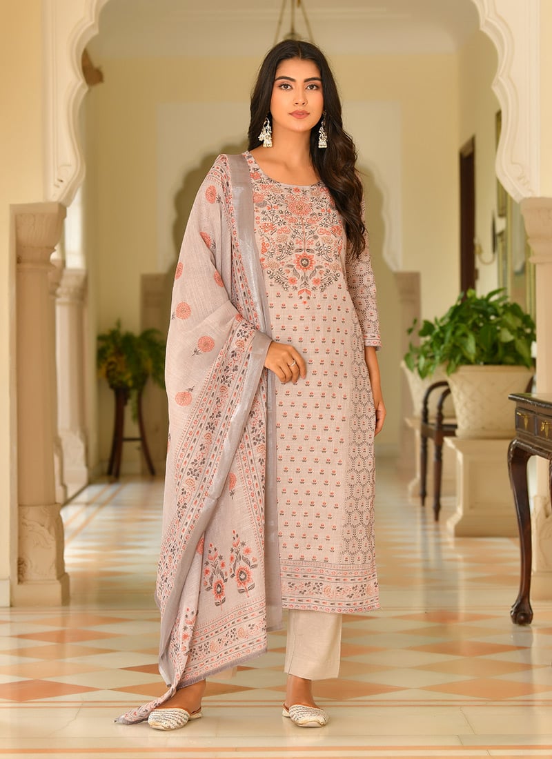 Grey Linen Printed And Zari Straight Pant Suit After Six Wear