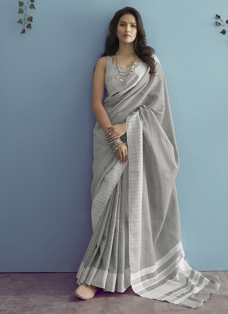 Grey Linen Silk Zari Woven Saree