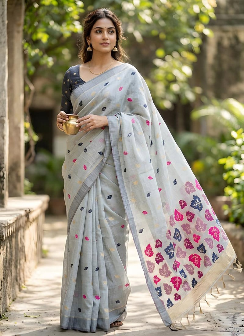 Grey Linen Woven Saree After Six Wear