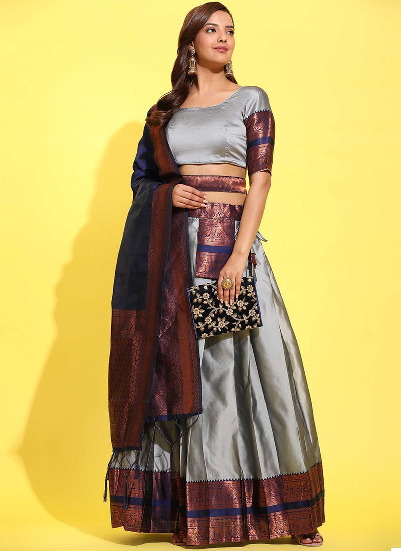 Grey Litchi Silk Zari Woven Lehenga For Elegant Affairs