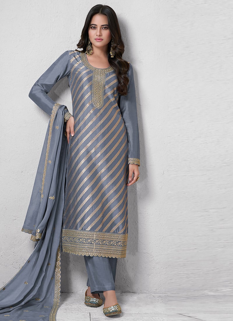 Grey Lotus Silk Zari Embroidered Sequins Pakistani Straight Pant Suit Festive Wear