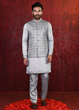 Grey Malai Silk Zari Embroidered Bandi Set For Men