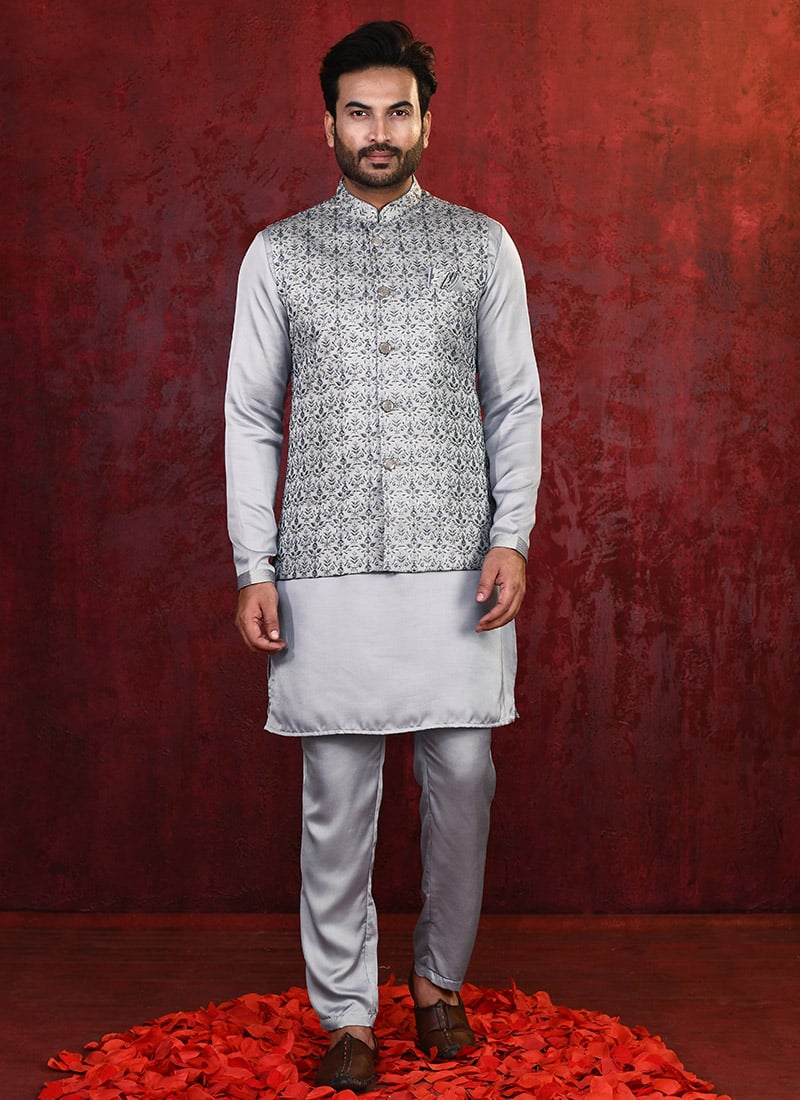 Grey Malai Silk Zari Embroidered Bandi Set For Men Festive Wear