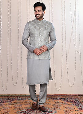 Grey Malai Silk Zari Embroidered Bandi Set For Men