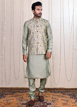 Sage Green Silk Zari Embroidered Bandi Set For Men