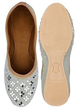 Grey Mirror And Beads Work Juti