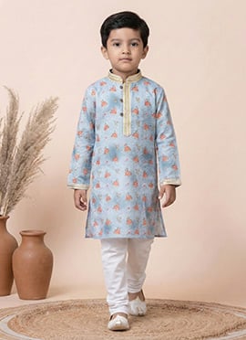Grey Mono Cotton Polyester Printed Kids Boys Kurta Pyjama