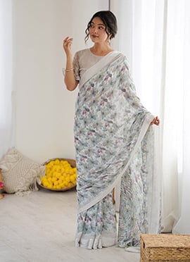 Grey Moss Satin Floral Digital Print Saree