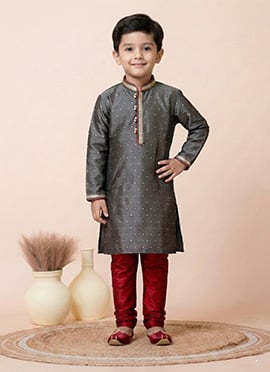 Grey Mulberry Silk Zari Kids Boys Kurta Pyjama