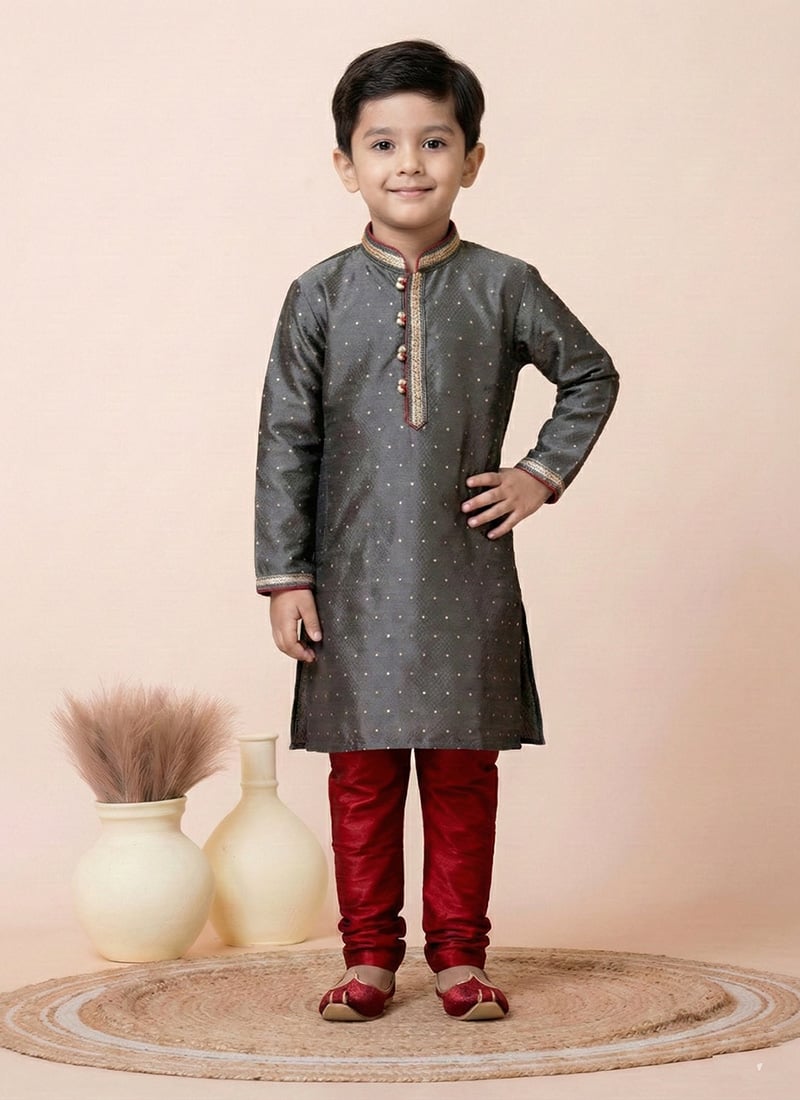 Grey Mulberry Silk Zari Kids Boys Kurta Pyjama Festive Wear